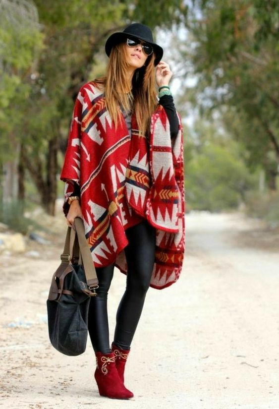 Black Leggings, Colorful Lighy Poncho And Blouse