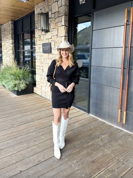 Black Long Sleeved Mini Dress With White Bowboy Hat And Boots