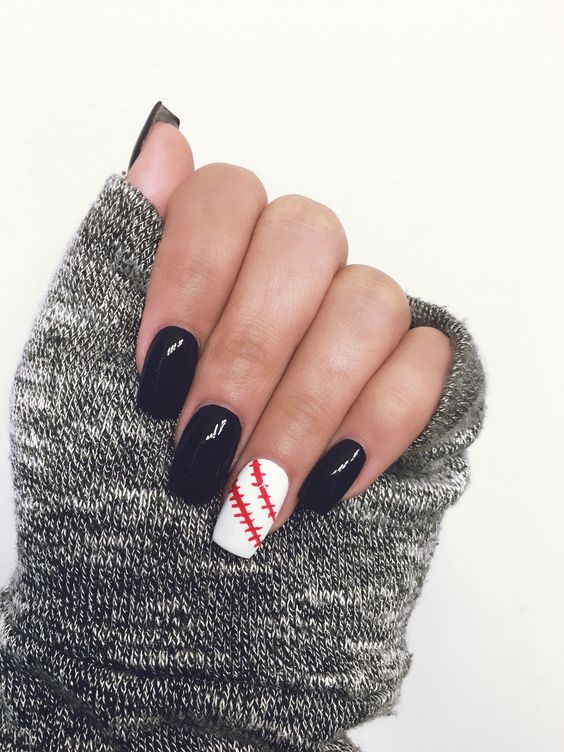 Black Nails With White Accent Baseball Stitch