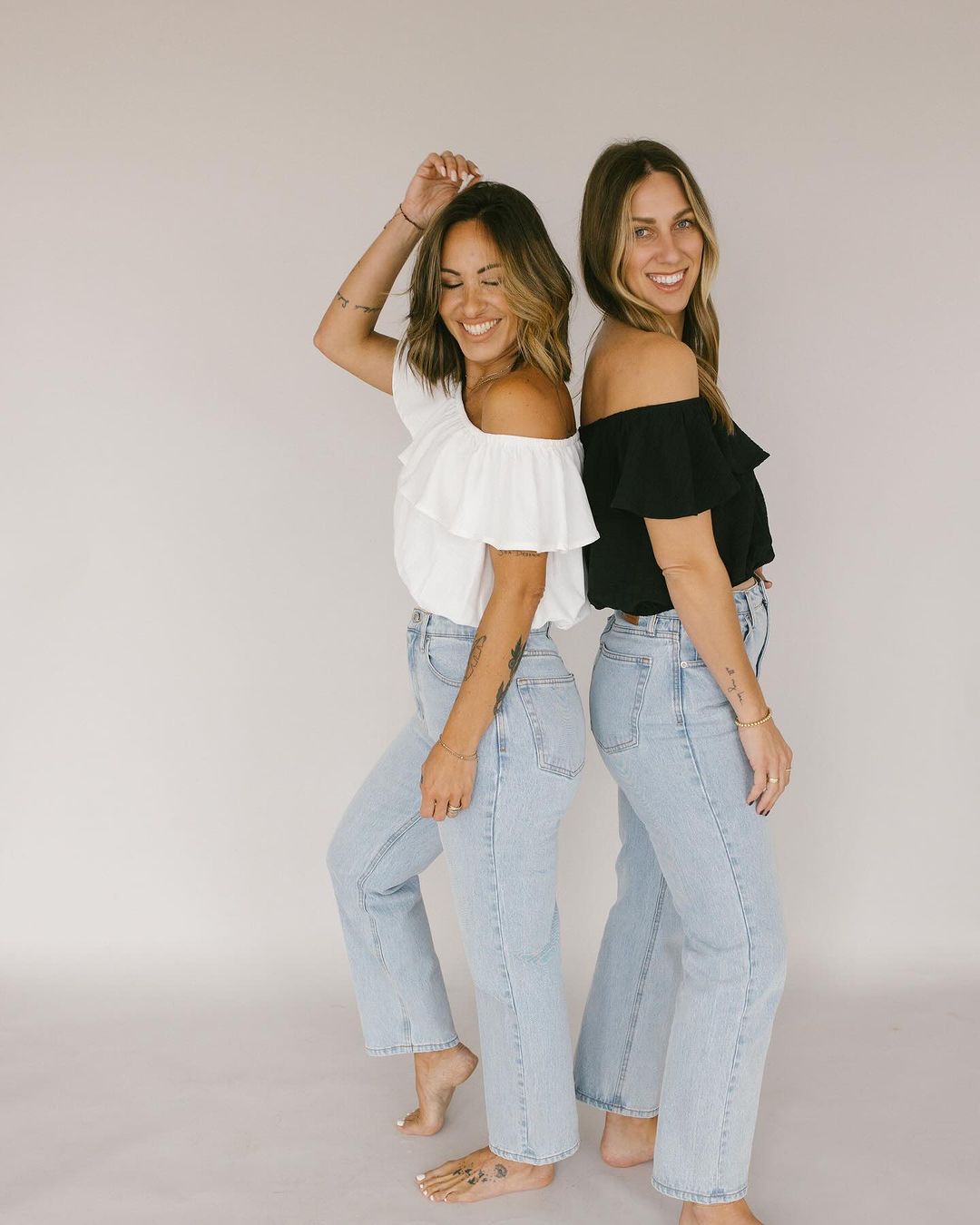 Black Or White Off Shoulder Frill Top With Classic Jeans