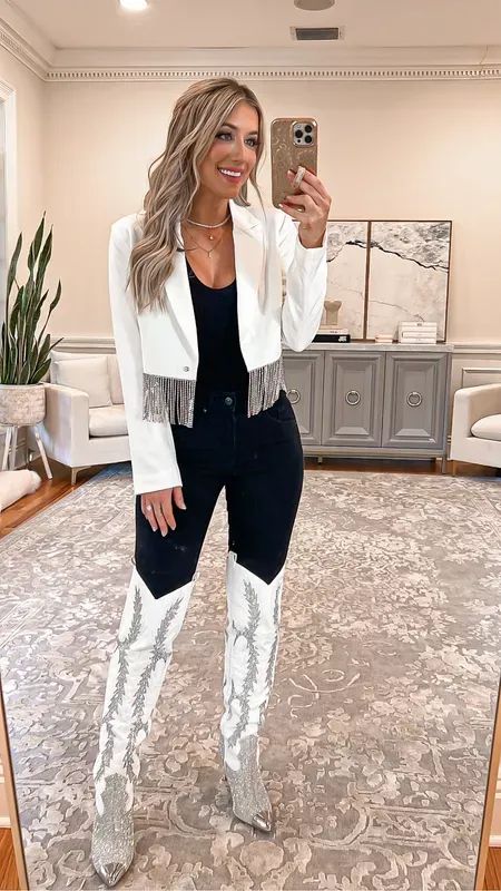 Black Skinny Jeans And Top, Croped White Fringed Blazer And White Thigh High Cowboy Boots