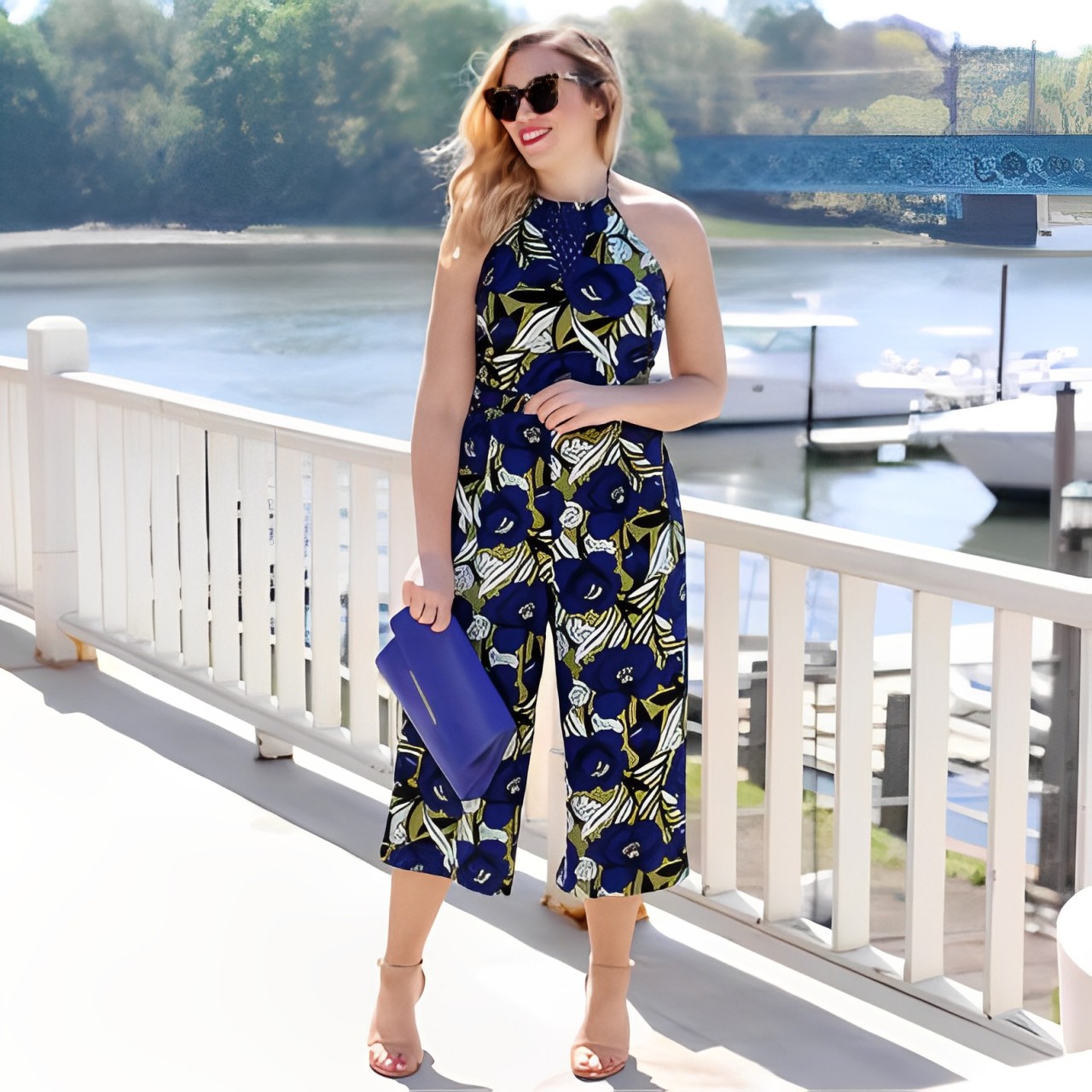 Blue And White Floral Sleeveless Croped Jumpsuit