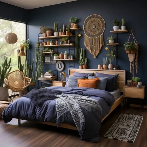 Blue And Wood Bedroom With Open Shelves And Woven Wall Art
