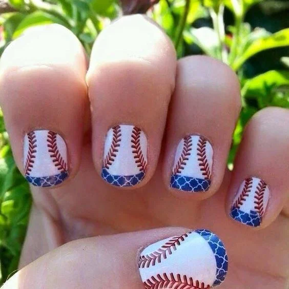 Blue French Manicure With Baseball Stich Design