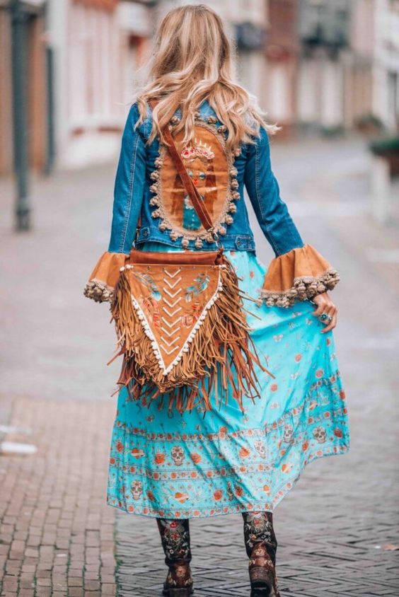 Blue Maxi Dress And Denim Jacket With Leather Patchwork Bell Sleeves And Leather Fringed Bag