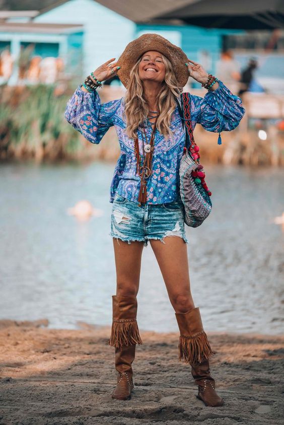 Blue Patterened Pirate Shirt With Ripped Denim Mini Skirt And Fringed boots