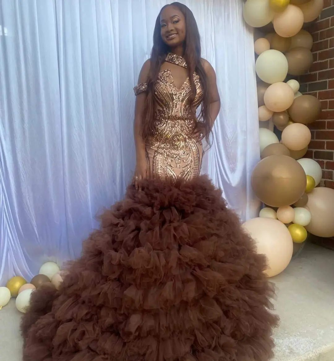 Brown And Gold Mermaind Dress With Brown Tulle