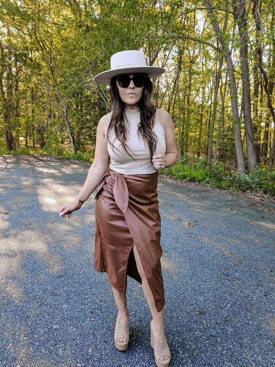 Brown Leather Wrap Midi Skirt And Cream Sleevles Top