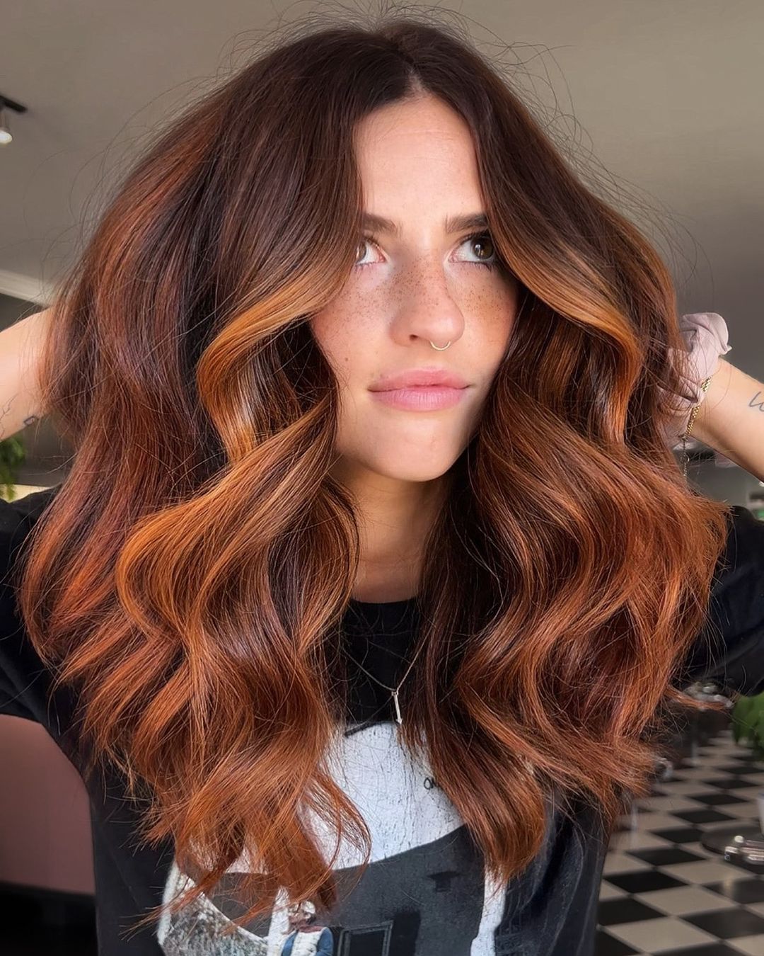 Brunette with red copper bayalage