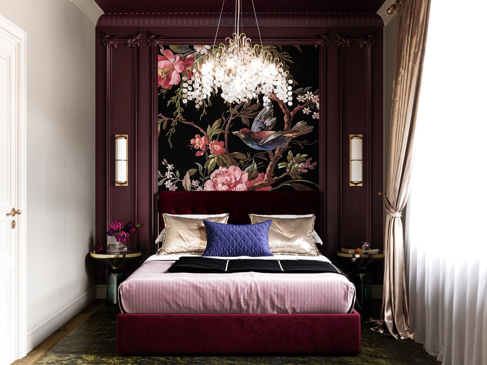 Burbundy Accent Wall With Molding and Dark Floral Mural, Golden Curains And Velver Queen Size Bed