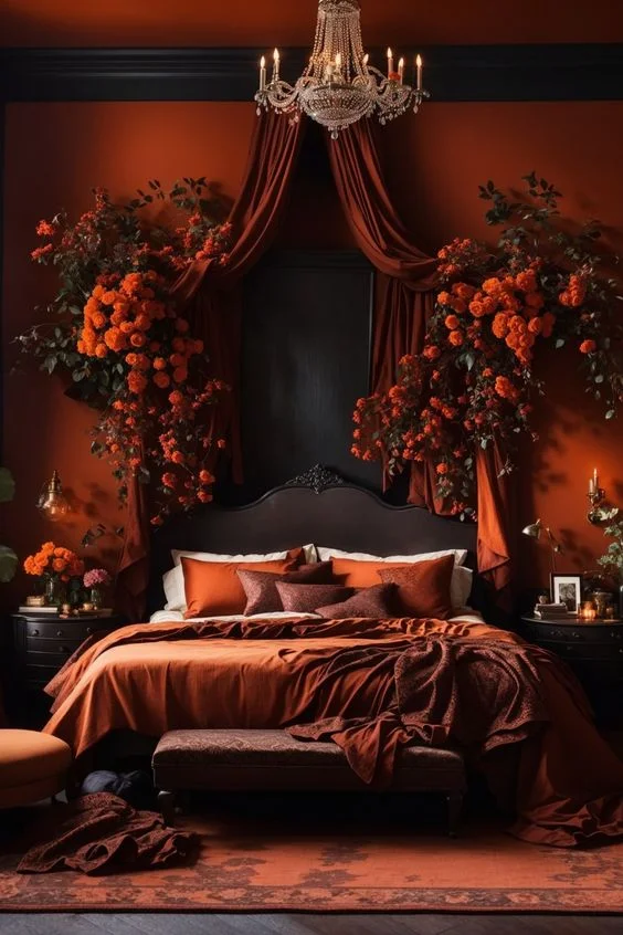 Burnt Orange And Black Bedroom WIth Canopy