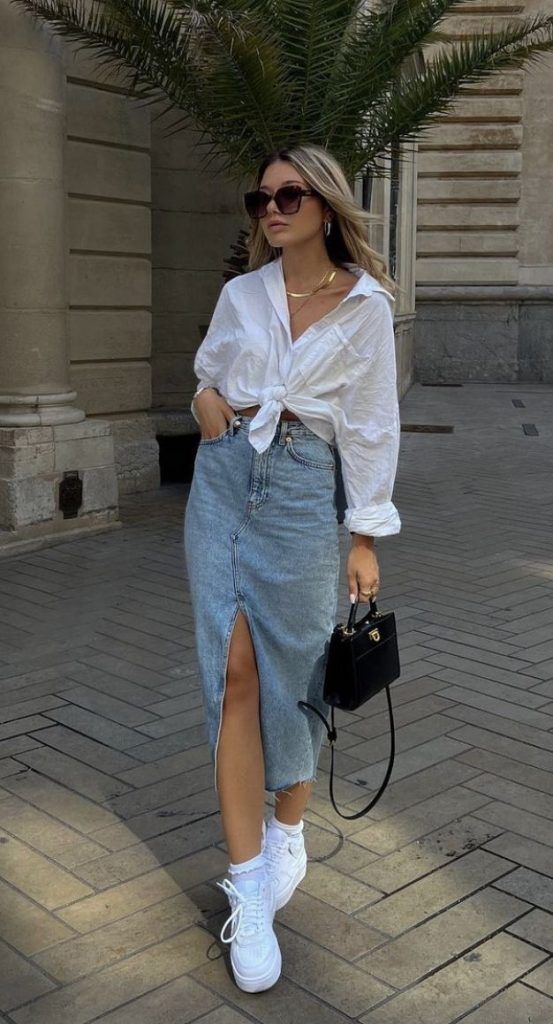 Butoon Down Tied Shirt And Denim Skirt Eith Front Slit