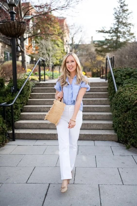 Button Up Ruffle Shirt And White Pants