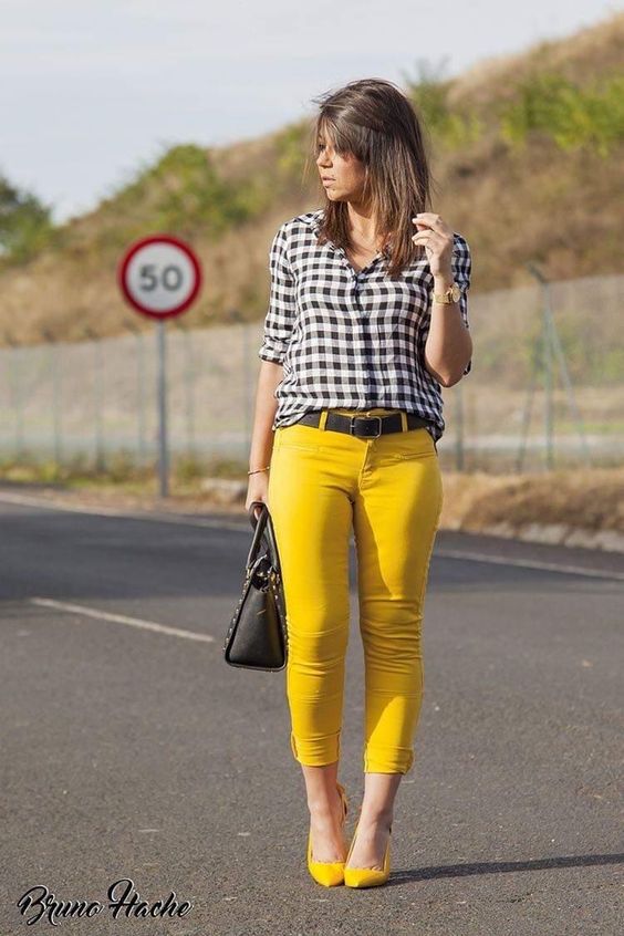 Checkered Shirt With Yellow Rolled Up Pants And Yellow Pumps