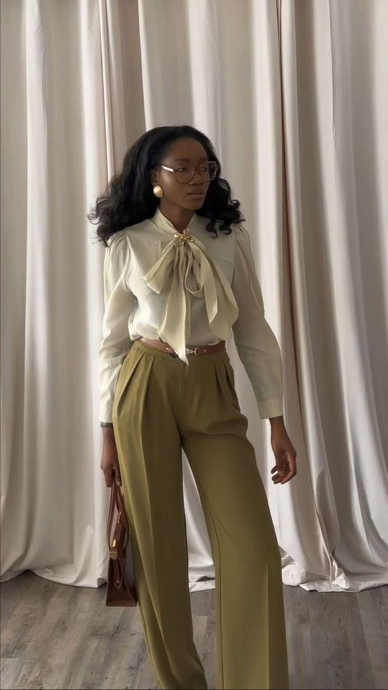 Cream Self-Tie Bowknot Lightweight Shirt And Pea Green Wide Legged Trousers