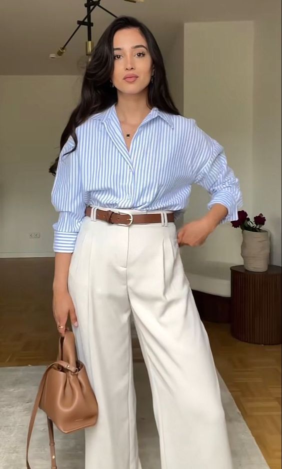 Cream Wide-Legged High Rise Pants With Blu And White Stripped Botton-down shirt