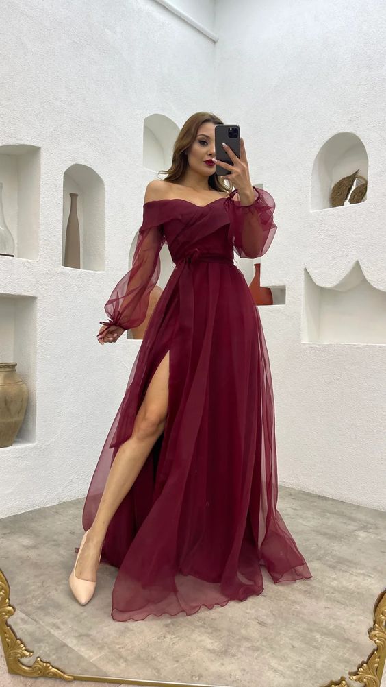 Crimson Off Shoulder A-Line Gown With Tulle Long Sleeves