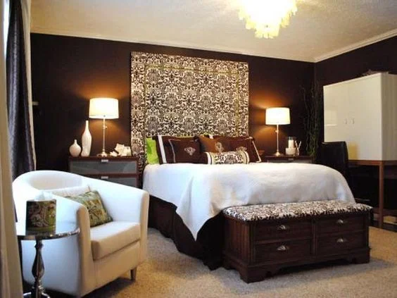 Dark Brown And White Bedroom With Patterned Headboard
