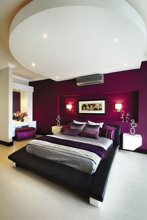 Dark Pink Bedroom Walls With Charcoal Gray Platform Bed