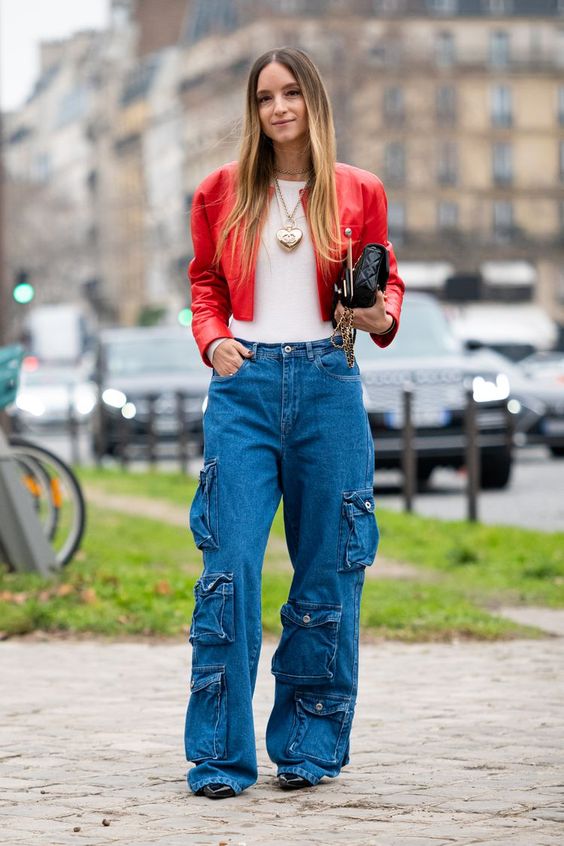 Denim Cargo Pants, White top, Red Leather Jacket