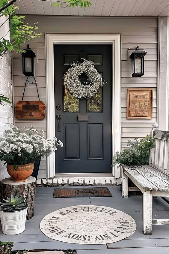 Distressed White Wooden Benck, Circular Porch at, Stump For Flower Poers And Black Barnyard Sconces