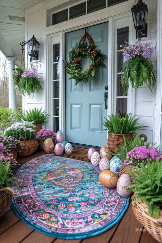 Easter Decor, With Plasic Colorful Eggs, Colorful Rug, ahging Fern With Flowers, Wheat And Wicker Planters