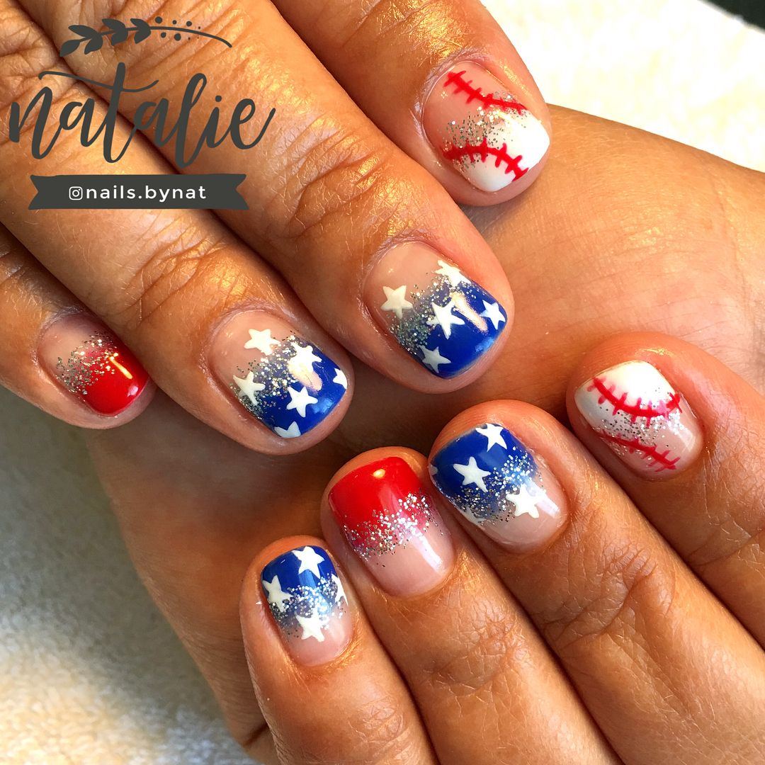 Fade Away Ombre Red Blue And white nAils with Glitter, Stars And Baseball Stitch Accent