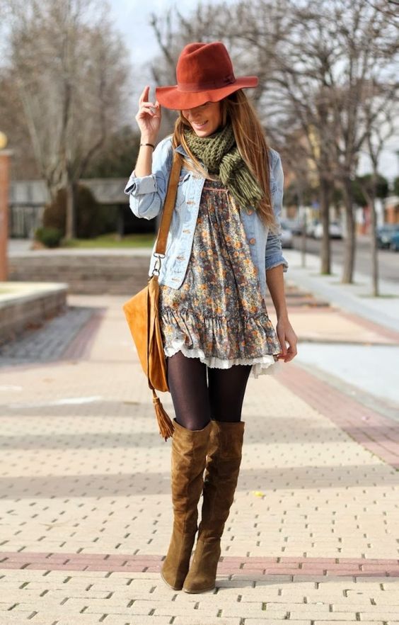 Floral Babydoll Dress, Denim Jacket, Scarf, Stockings And Knee High Boots