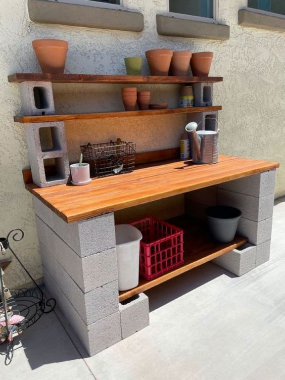Gardening Bench From Cinderblocks And Wood Planks