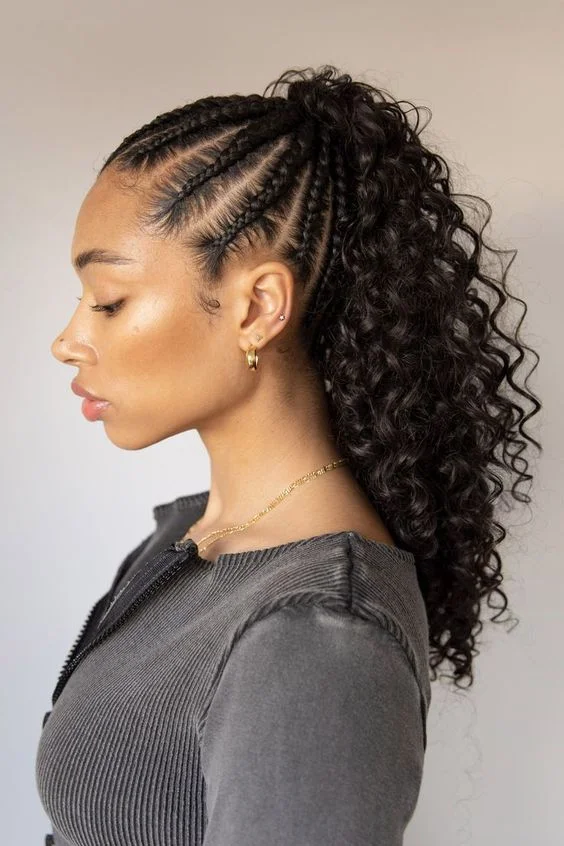 Goddes Straigh Cornrows Into Loose Curly Ponytail