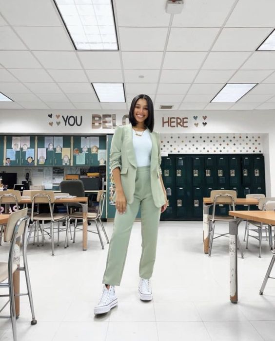 Gray Pants and Blazer, White Top And Sneakers