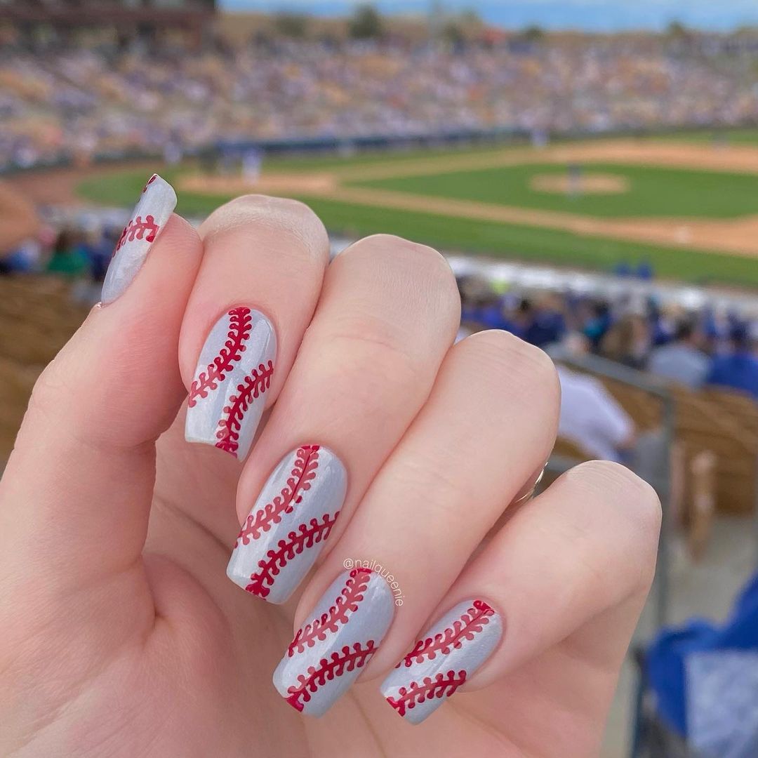 Gray Sequoval Nails With Red Basebal Stitches