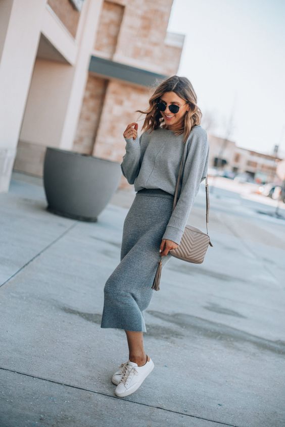 Gray Sweater, Midi Skirt And Sneakers