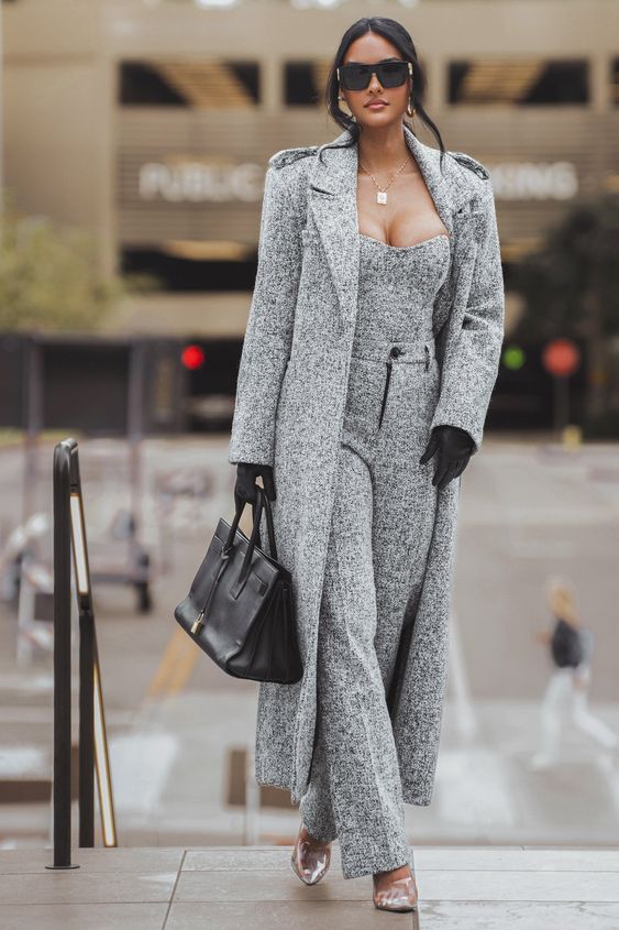 Gray Tweed Corset, Dress Pnts And Trench Coat