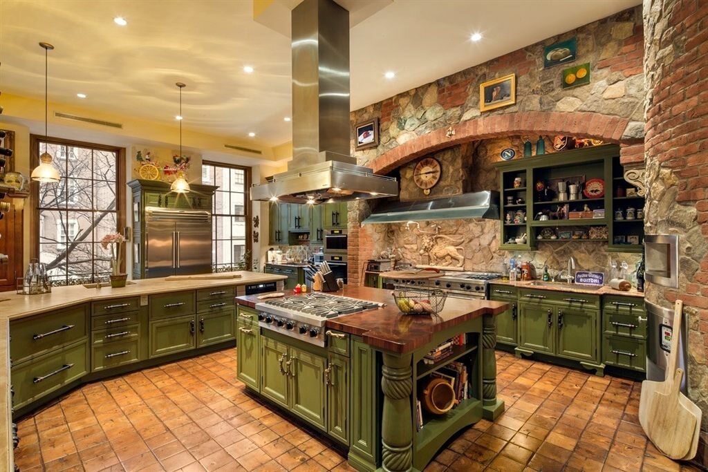 Green And Brown Stone And Wood French Kitchen Design With Kitchen Island