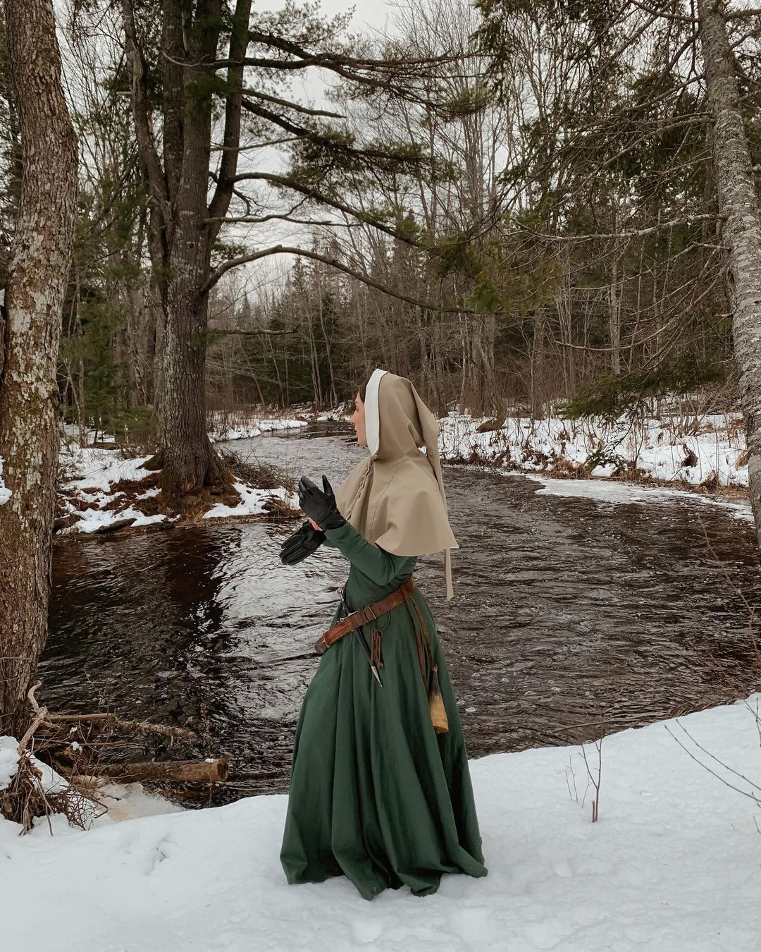 Green Gown With Over-The-Shoulder Cowled Hood