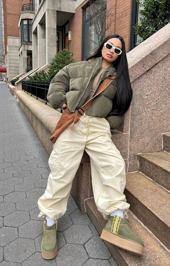 Ivory Cargo Pants And Olive Bomber Jacket And Olive Boots