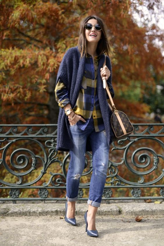Jeans, Tartan Shirt And Short Sleeved Knitted Duster