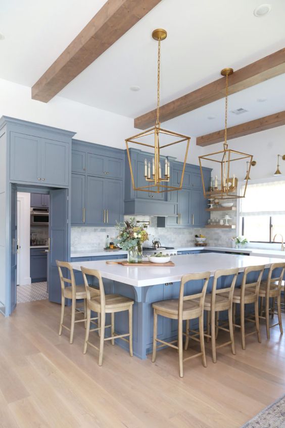 L-Shaped Kitchen, Light Blue Kitchen Cabinets With White Countertops And Large Kitchen Island