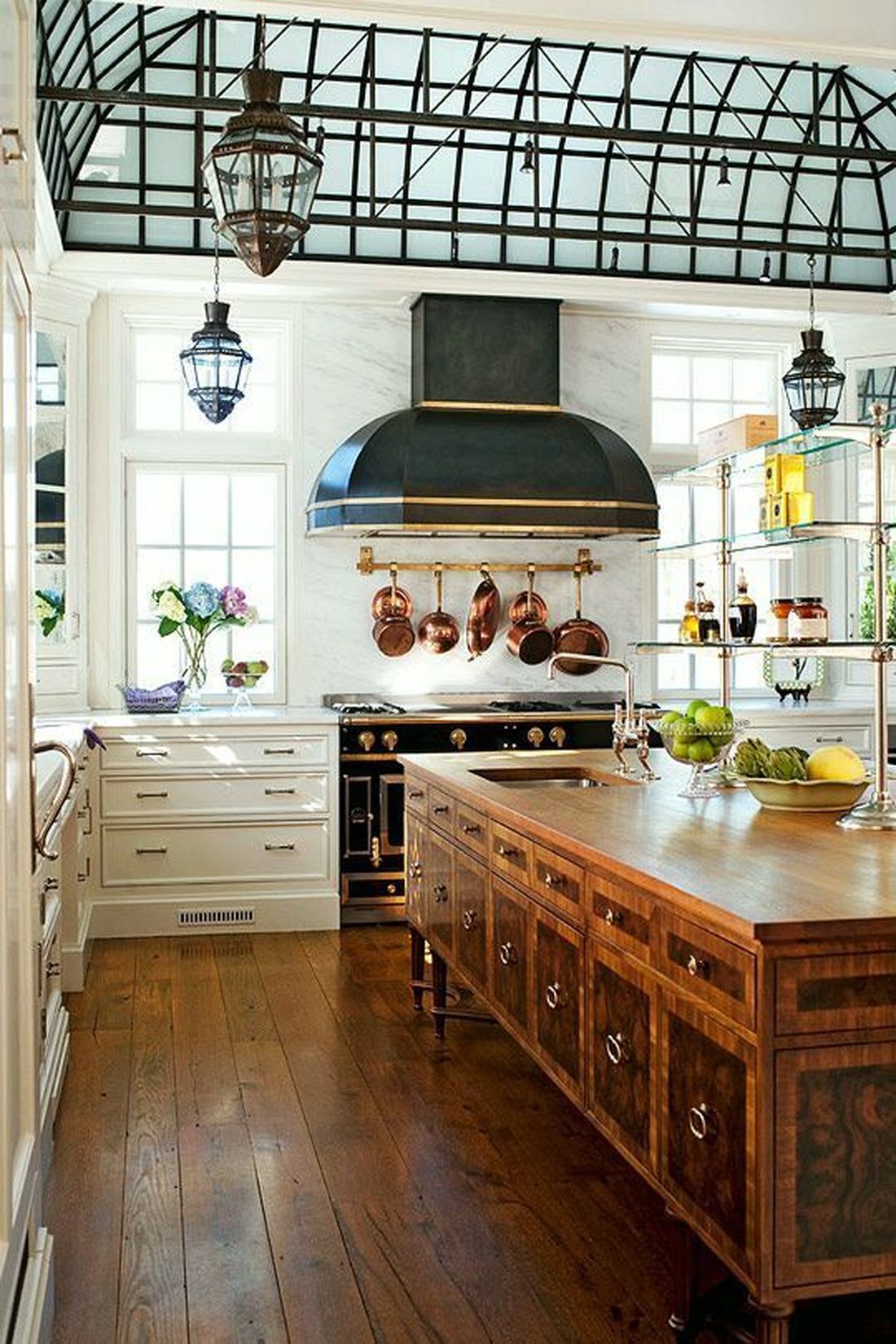 L-Shaped Kitchen With White Kitchen Cabinets, Wooden Kitchen Island And Open Shelves