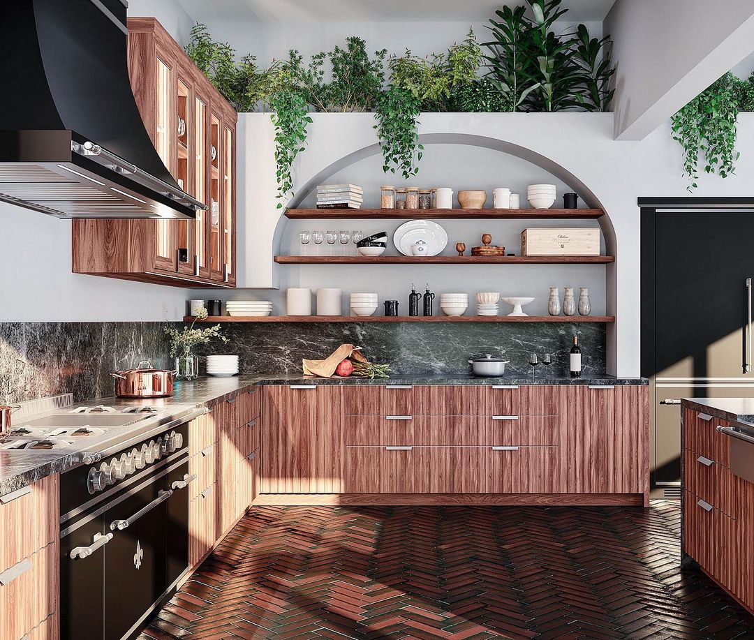 L-Shaped Redwood Kitchen Cabinets With Green Marble Backsplash ANd Open Shelves Inside A Nook