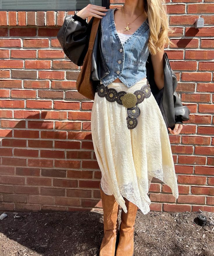 Lace Linen Maxi Skirt, Tube Top With Denim Vest ANd Leather Jacket