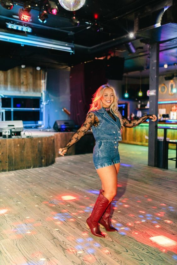 Lace Mesh Long Sleeve Top, Denim Vest And Shorts With Red Cowboy Boots