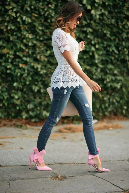 Lace Top Jeans And Bowed Heels