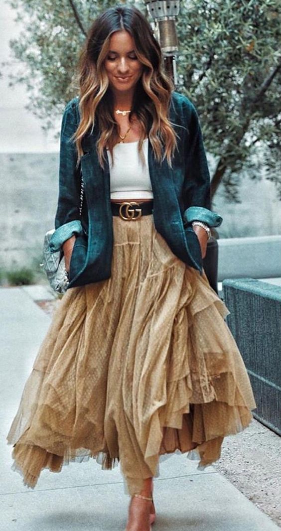 Layered Beige Maxi Skirt, White Top And Green Satin Jacket