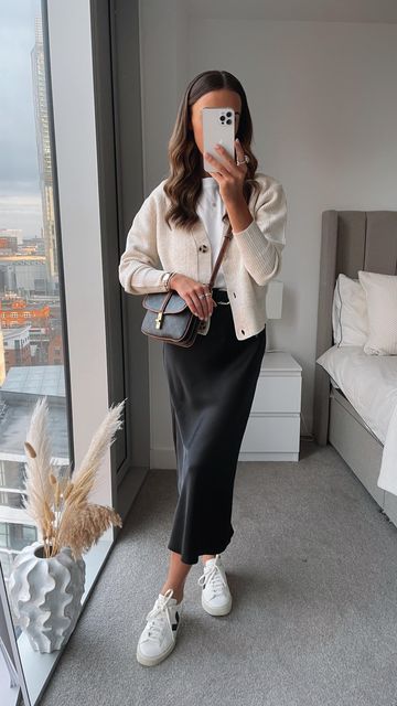 Leather Maxi Skirt With White Top And Cardigan