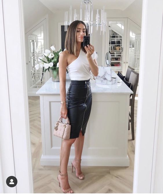Leather Midi Skirt And White One-Shoulder Blouse
