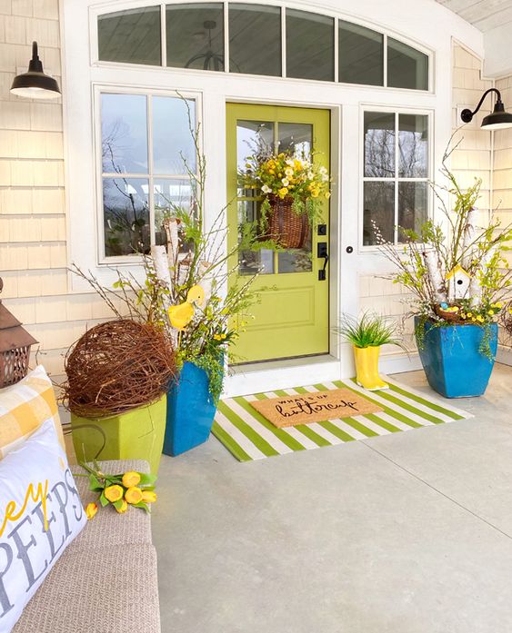 Lime Door, Porch Ruch, Lime And Blue Flower Pots With Shrubs And Black Scvonces