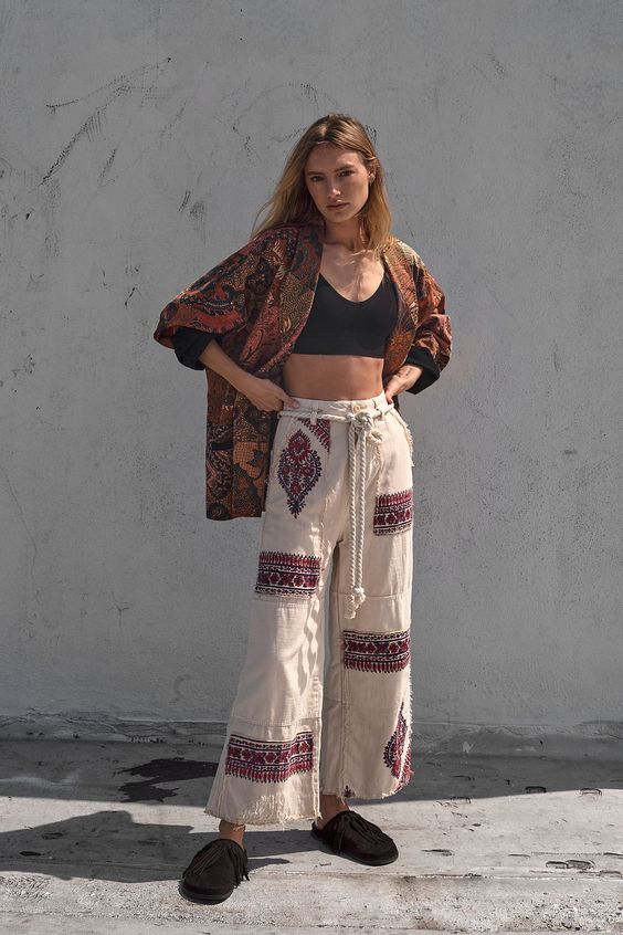 Linen Wide Legged Hippie Pants With embroidered Details, Patterened Kimono And Black Top