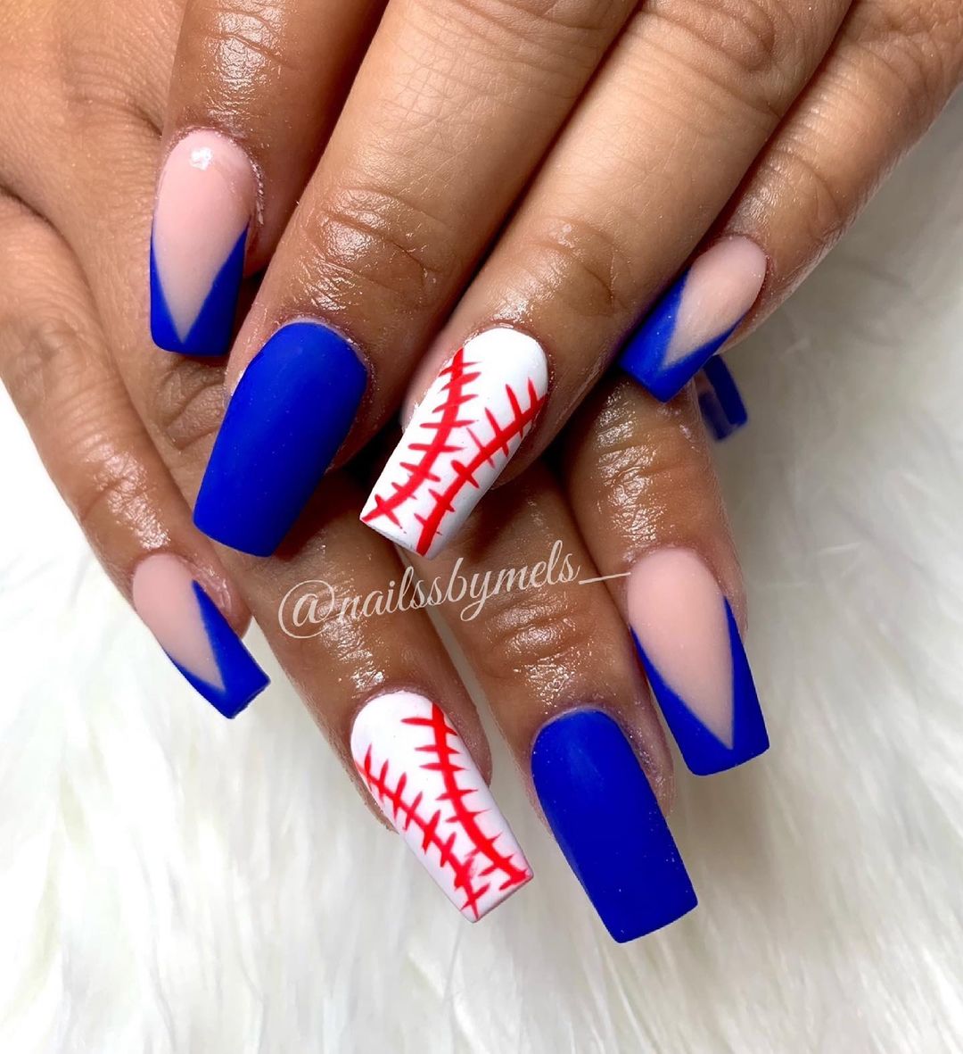 Long Square Nails With Matte Blue V-French Tip And White Basebal Stich Accent